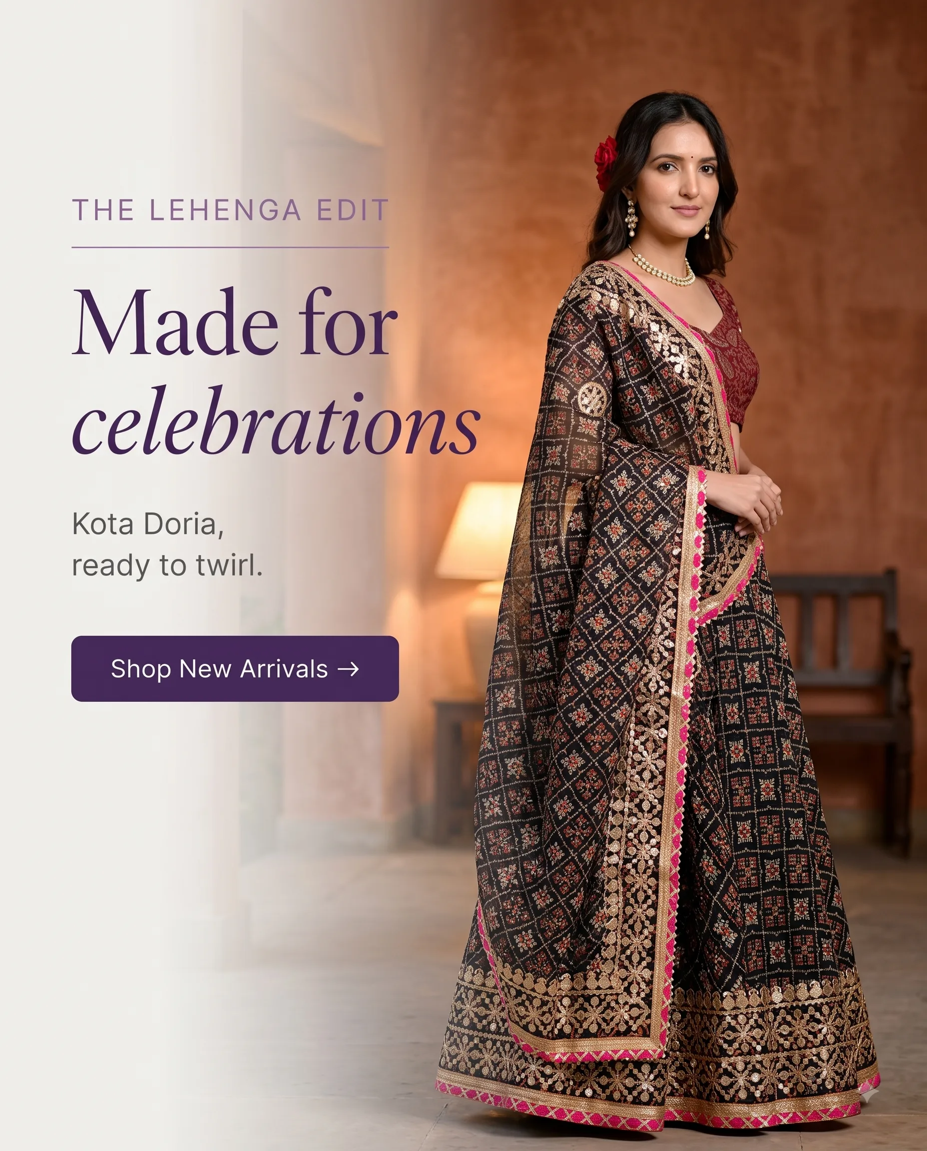 Kota Doria lehengas for celebrations — gota patti, ready to wear. Shop new arrivals.